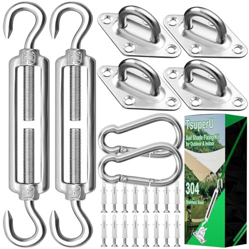 Kit Fixation Voile D'Ombrage Rectangulaire Fixation Toile Ombrage Triangulaire, M6 Tendeur Voile Ombrage avec Crochets 304 Mousqueton INOX, pour Pergola Balancelle tonnelle De Jardin Voile D'Ombrage