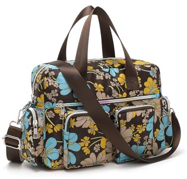 KONO leichte Damen Handtasche mit Blumenmuster, Wasserdichte Henkeltasche, Groß Umhängetasche für Frauen, Multifunktionale Schultertasche für Arbeit, Shopper, Reisen(Braun)