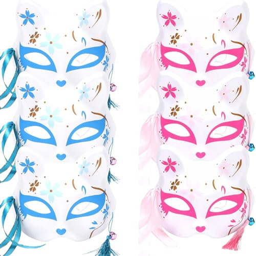 6 Stück Maskerade Maske Blau Rosa, Gemalte Katzenmaske mit Glocke, Halloween Tier Cosplay Katzenmasken, Plastik Weiße Katzenmaske, Kabuki Maske, für Partys, Karneval, Kinder Erwachsene, Halloween