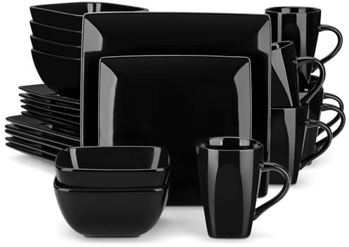 vancasso Dinner Sets for 6 People, Soho Black Plates and Bowls Set, 24-Piece Stoneware Dinner Set with 10in Dinner Plates, 8in Dessert Plate, 810ml Cereal Bowls and 340ml Mug, Square