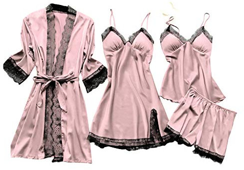 Biancheria da notte da donna in pizzo con vestaglia set pigiama camicia da notte body in seta lingerie per le donne, rosa, M