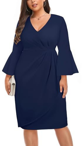 Talisea Damenkleid in Übergröße, halbformell, für Hochzeit, Gast, Kirche, Büro, Interview, V-Ausschnitt, Glockenärmel