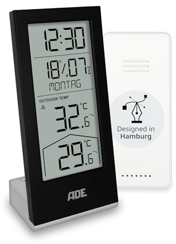 ADE Funkuhr digital mit Temperaturanzeige und Außensensor | Thermometer für Innen- und Außentemperatur | Trendanzeige | Tischuhr mit Datum und Wochentag | inkl. Batterien | schwarz