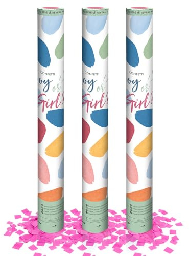 OH YEAH - Lot de 3 canons à confettis révélation de genre Rose 50 cm - Révélation du sexe pour bébé - Confettis roses - Baby Shower - Facile à utiliser
