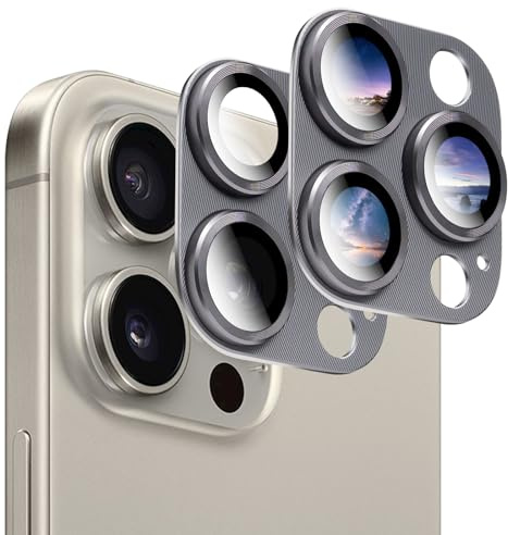AIYEEN Protecteur d'objectif d'appareil photo (lot de 2) pour iPhone 15 Pro et iPhone 15 Pro Max Protection d'objectif d'appareil photo, cadre en métal en verre trempé 9H (titane)