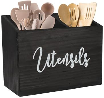 Gzsekken Kitchen Utensil Holder,Black Utensils Holder 2 Compartment,Wood Utensil Organiser for Kitchen Counter, Farmhouse Cutlery Caddy Cooking Tools Storage Caddy Utensil Container for Fork Spoon