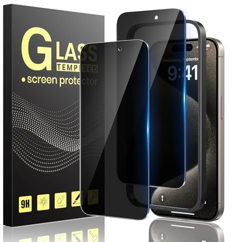 Guretok 2 Stück Privacy Sichtschutz für iPhone 15 Pro Schutzfolie 6,1 Zoll | Einfache Installation Rahmen, 28° Anti-Spy Folie, Dunkle Schutzglas, Kratzfest, 9H Härte, Anti-Drop