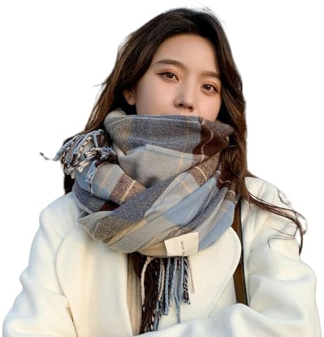 QDLTGBD Schal Vintage Ladies Winter Cashmere Plaid -schal, Modisch Und Vielseitig, Weich Und Warm, Kariertem Schal Für Mädchen-blau+braun