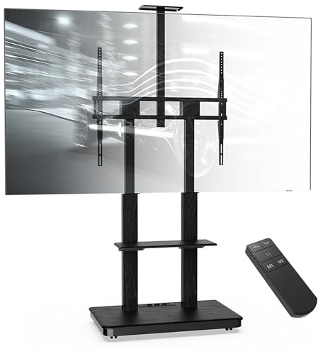 XTRARM Duolite mobiler elektrischer TV Ständer für 45-110 Zoll max. 120 kg, motorisierter TV Lift mit stufenloser Höheneinstellung via Fernbedienung, max. VESA 900x800, mit Ablagen und Steckerleiste