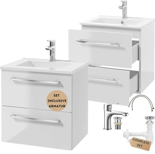 .Deftrans tvättställsunderskåp 50 cm hängande med tvättställ, armatur och vattenflaska, tvättställ med underskåp, softclose, badrumsmöbler set för små badrum, högglansigt vitt