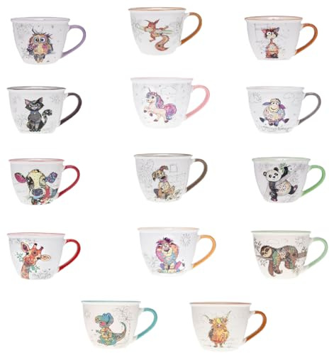 KIUB Pack de 14 Bols timbale avec une anse - Motif animaux (chat, chien, vache, écureuil, chouette, girafe, lion …) - contenance 550ML- porcelaine
