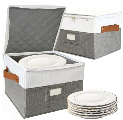 China Storage Containers,Quilted Dish Plate Storage with Stackable Lid for Dinnerware Kitchen Moving,2PACK 12 * 12 * 8in(Grey)