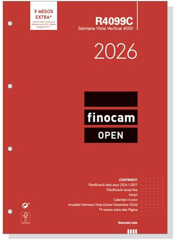 Finocam - Recambio agenda Open 2026 Semana Vista Vertical | Enero - Diciembre (12 meses) | Recambio anual agenda R4099C 4 taladros - Catalán