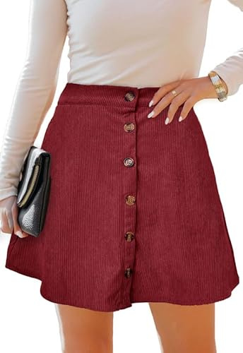 Alaster Queen Cordrock Damen für Herbst & Winter Minirock A Linie mit Knöpfen Kurz Rock Hohe Taille mit Taschen Skirt Women,Rot,M