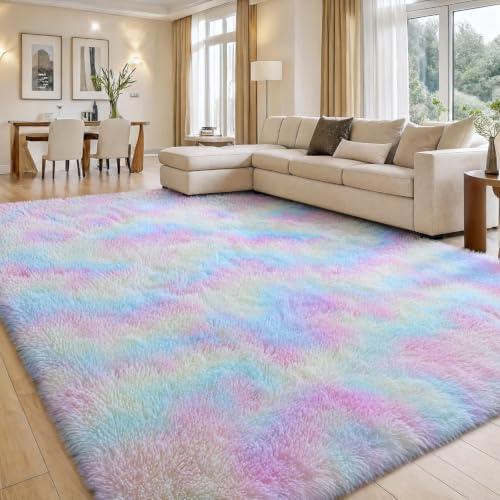 smiry Hochflor Läufer Teppich Wohnzimmer, 60x100cm, Regenbogen | Waschbar Anti-Rutsch Moderner Flauschiger Kuscheliger Teppich für Wohnzimmer, Schlafzimmer, Kinderzimmer