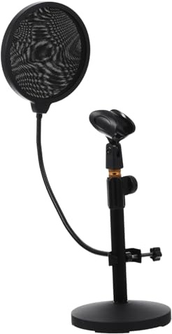 Table Mic Stand Adjustable Desktop Microphone Holder | Black Metal and Plastic, Flat round Base, Microphone Filter Included, for Broadcasting and Live Broadcasting
