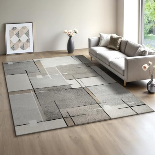 Mia´s Teppiche Modena - Moderner Kurzflor Teppich, Wohnzimmer & Schlafzimmer, weich & pflegeleicht, geometrische Muster, Kariert, Beige, 160 x 220 cm