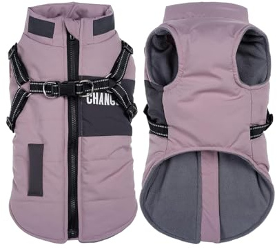 Hundejacke für kleine mittelgroße Hunde, Warmer winddichter Winter Hundemantel mit Geschirr, Haustier Hunde Welpen Outdoor Skifahren Jacken Weste Kostüm (Lila, M)