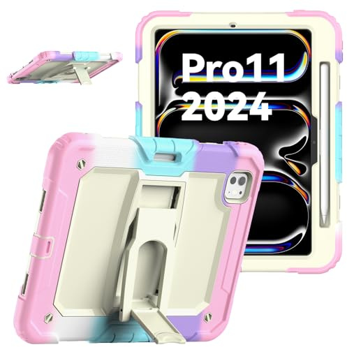 V-MOTA Étui de protection de qualité militaire compatible avec iPad Pro M4 2024 A2836 11, coque hybride noire, design antichoc avec fente pour stylo et support (rose arc-en-ciel)