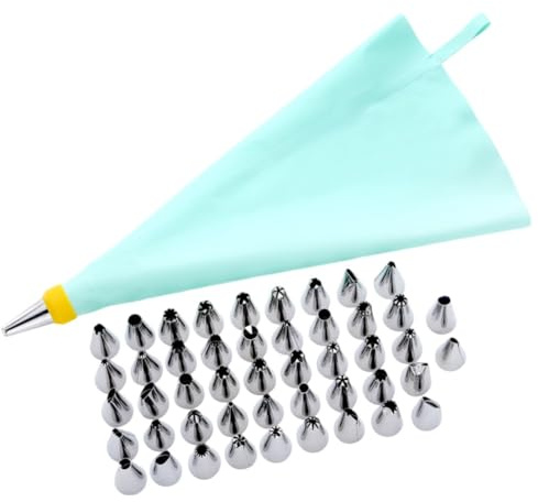 Wodsty Set di 50/26 beccucci per tubazioni in acciaio inox con sac à poche riutilizzabili in silicone blu per decorare e cuocere torte