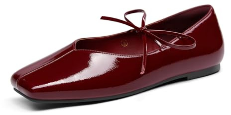 Coutgo Womens Mary Jane Flats Lace Up Square Toe Ballet Ballerina Flats Slip On Comfortable Dressy Shoes, Burgundy Patent Leather, Size 9.5