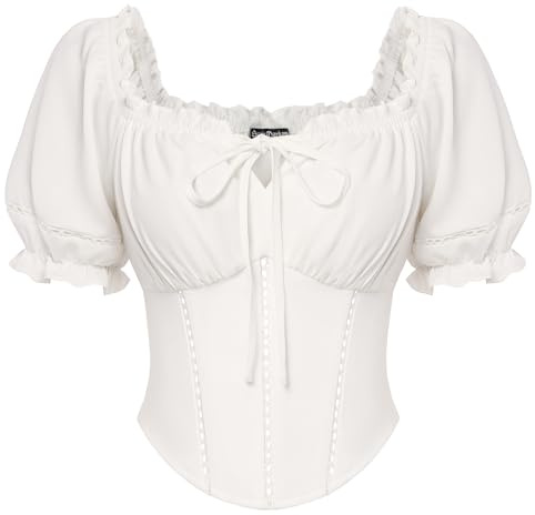 Scarlet mörker kvinnor renässans blus kort puffärmar korsett topp med rosetter dekorerad medeltida blusar