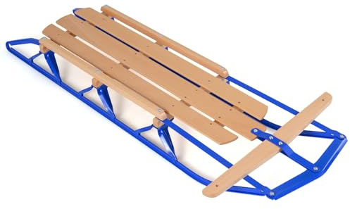 GYMAX Schlitten mit Metallkufen, 137 cm Holzschlitten mit Lattensitz & Lenkstange, Davoser Schneeschlitten für Kinder & Erwachsene, belastbar bis 150 kg