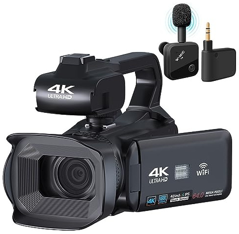 4K Video Camera 64MP Camcorder 4 Touch Screen Full UHD Vlog Streaming WIFI Digital Recorder Webcam Takes Sharp Smooth(64G SD Card,No Microphone)
