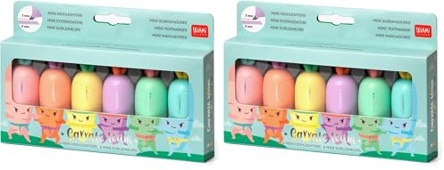 LEGAMI HC0001 Set mit 6 Mini-Textmarker, Carrate Team, in Karotteform, Tinte auf Wasserbasis, für feine und dicke Striche, Pastellfarben, schnell trocknend (Packung mit 2)