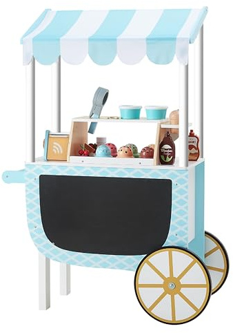 Teamson Kids Carretto Gelati Giocattolo in Legno con Accessori, Blu/Bianco