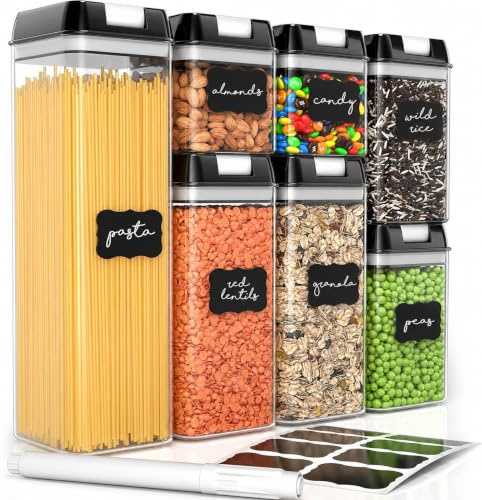 Simply Gourmet Airtight Food Storage Containers with Lids – 7 Piece Assorted Size Kitchen Pantry Organization Set, BPA-Free Clear Plastic, Stackable Containers for Cereal, Flour, Sugar, Rice, Snacks