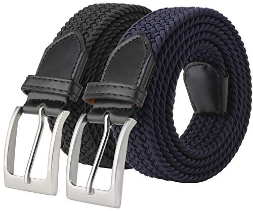 Fairwin 2 Pezzi Cintura Elastica Intrecciata per Uomo e Donna, Confortevole Cintura in Tessuto Elastico Stretch per Jeans Pantaloni (Nero+Blu, M: 105cm (vita 80-90cm/32-35))