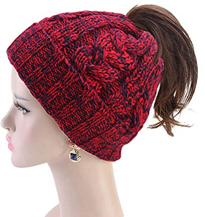 Egurs Damen Pferdeschwanz Mützen Winter Warm Strickmütze mit Zopfloch Ponytail Cap