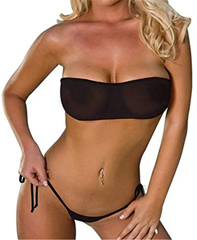 ZHER-LU Costume da bagno da donna a tre punti in mesh, estivo, da spiaggia, top a fascia trasparente in rete, slip brasiliano mini, Nero , Taglia unica