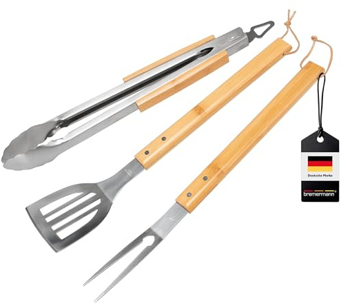 bremermann Grillbesteck 3er Set // Edelstahl mit Bambusgriffen // Zange Wender Fleischgabel // Grillzubehör Grillset
