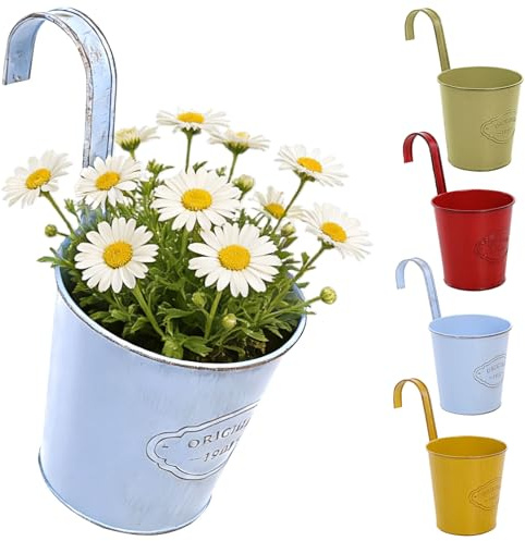 CITÉTOILE 4 Pcs Metal Hanging Flower pot With Drainage Hole, Colorful Small Plant Pot Vase With Detachable Hook, Vintage Style Decor for balcony Wall Home Office Garden Outdoor et Intdoor