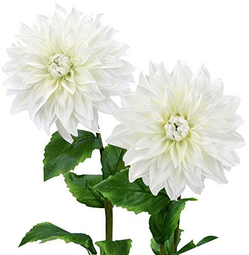 FiveSeasonStuff Artificial Flowers Dahlia Silk Flowers for Outdoors Indoors and Tall Vases 2 Stems (Blossom White)