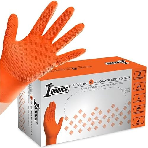 1st Choice 6 mil Orange Gloves, Disposable, Latex Free, Raised Diamond Grip, Mechanic Glove for Men, Large, 1 Box of 100