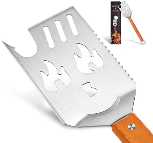 PURPLEBIRD Paletta da barbecue 5 in 1, 41 cm, accessorio multifunzione per barbecue in acciaio inox, regalo per uomini con manici in legno extra lunghi e apribottiglie