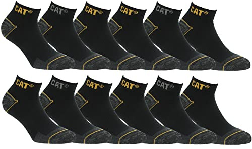 Caterpillar 12 Paia Calzini Sneaker Lavoro Lunghezza Caviglia - Rinforzo Punta Tallone - Supporto Arco Plantare - Cotone (Nero, 43-46)