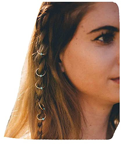 Yheakne Boho Tribal Turquoise Circle Hair Ring Set - Braid Rings, Dreadlock Clips, Gold Jewelry Accessories for Women and Girls (Gold Circle With Turquoise)