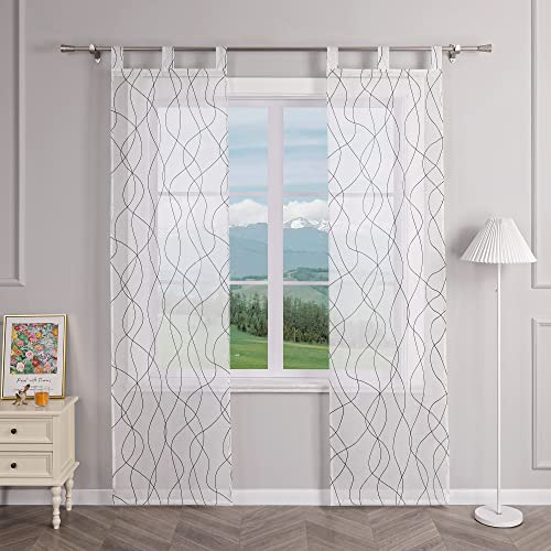 Delien 2er Set Schiebevorhänge mit Schlaufen Transparente Schiebegardinen Modern »Rinnsal« Flächenvorhänge Wohnzimmer Fenster Gardinen mit Wellenmuster Dekoschals BxH 57x145cm,Schwarz