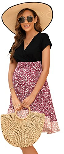 KOJOOIN Abito da donna premaman con scollo a V, abito da allattamento lungo fino al ginocchio, vita alta, abito da gravidanza con maniche corte（confezione MEHRWEG）, XL