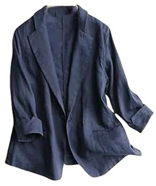 KIMCCI Blazer Für Damen,Baumwoll-Leinen-Blazer-Jacke Anzug Sommer 3/4-Ärmel Strickjacke Vorne Offen Kerbtasche Arbeit Business Casual Blazer Anzüge Jacke Für Damen Leichte Anzugjacke,Marineblau,M