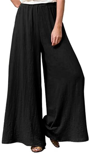 Hisanny - Pantalones de lino de talla grande para mujer, pierna ancha, pantalones palazzo, cintura elástica alta, culottes fluidos con bolsillos, Negro, 5XL Plus