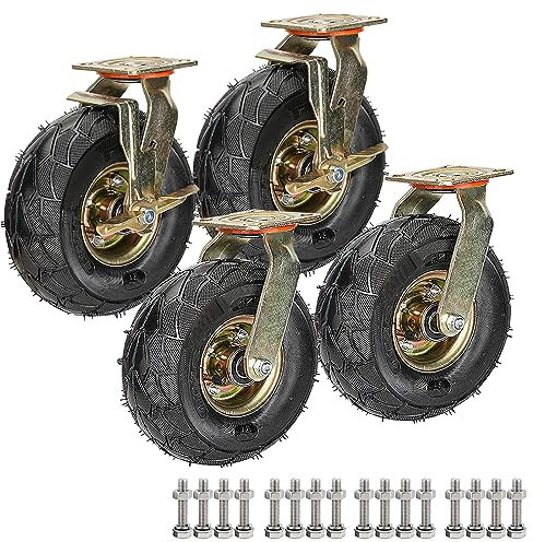 SAGIDAR Gummi Ersatz Rollen Ø 8Zoll/10Zoll, Lenkrollen Mit Bremse, 4 Stück Industrierollen Schwerlast, Tragkraft 200kg, Leicht Zu Installieren, Luftbereift Für Trolleys, Möbelroller Transportroller