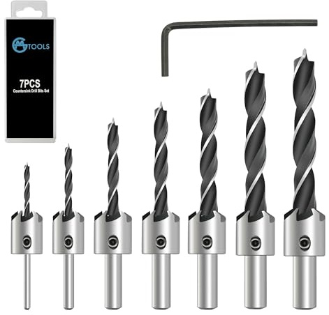 GMTOOLS Countersink Drill Bit Set, 7Pcs Tapered Drill Bits M2 HSS, with 1/4 Hex Shank Quick Change and Allen Wrench, Counter Sinker Set for Woodworking and Carpentry, Pilot Screw Hole Set