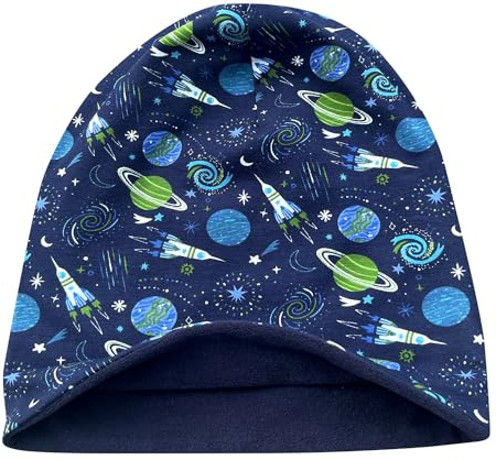 Wollhuhn Öko Warme Winter Jungen/Mädchen/Kinder Long Beanie Mütze Mit Fleecefutter Versch. Motive (aus Öko-Stoffen, Bio) 20220666 (Space/Weltraum Dunkelblau, M)