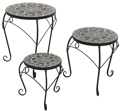 DEGAMO Beistelltisch 3-er Set Siena, rund 21/27/32cm, Gestell Metall schwarz, Tischplatte aus Keramik in Mosaik-Optik, grau/Weiss, Outdoor und Indoor