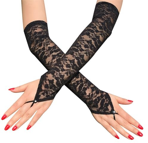 SePkus Brauthandschuhe, Braut- und Hochzeitshandschuhe, Kleid, Spitzenhandschuhe, Party, Lange Handschuhe für Hochzeit (Schwarz, 40 x 10 cm)